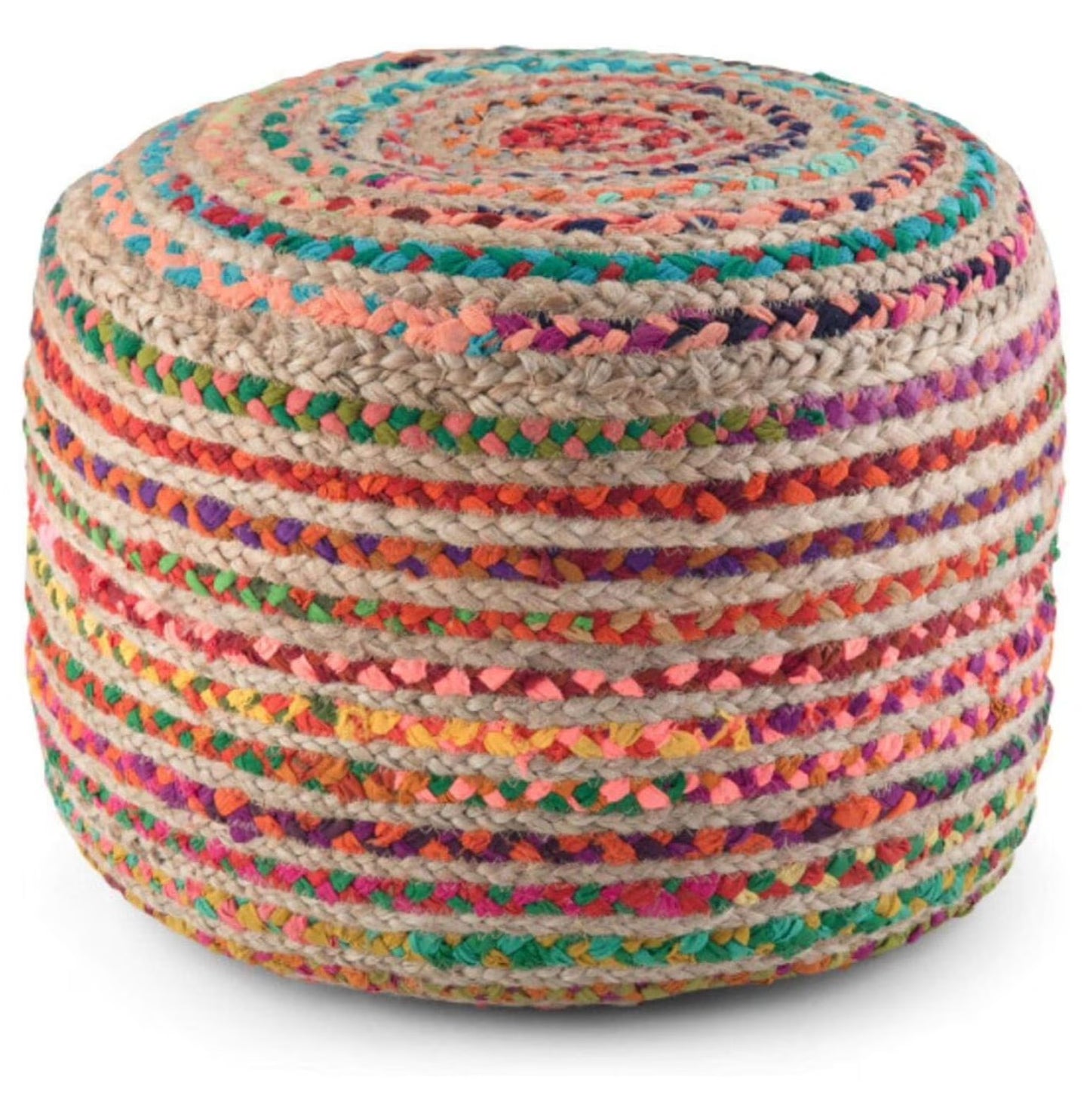 Exlonjet Margo 20 Inch Boho Round Pouf in Multi Color Braided Jute, For the Living Room, Bedroom and