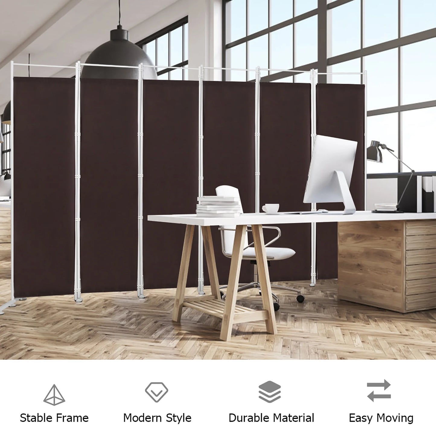 Costway 6-Panel Room Divider Folding Privacy Screen w/Steel Frame Decoration Brown