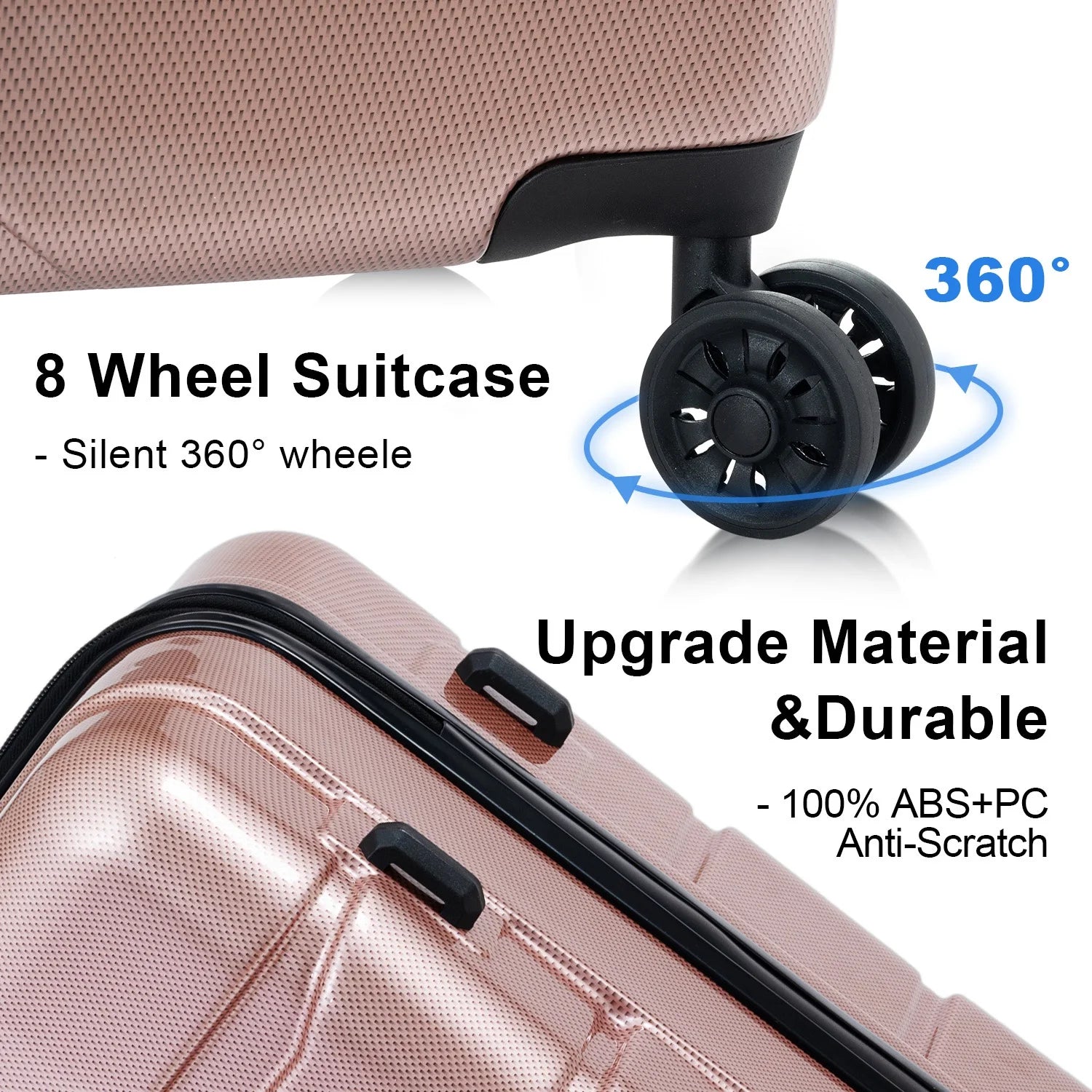 3-Piece Hardside Luggage Sets, Lightweight Spinner Suitcase with Wheels TSA Lock, Airline Approved Carry-On Suitcase and Luggage Set(20°+24°+28°), Durable ABS Material, Rose Gold
