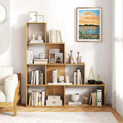 JTYUB 4-Tier Stepped Bookshelf, Freestanding 6 Cubes Ladder Bookcase with Anti-Tipping Kits, 64" Tall Modern Wooden Storage Display Rack for Home Office Living Room Study ,1 PCS,Natural