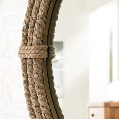 Round Jute Wall Mirror Decorative Wall Mounted Nautical Themed Rustic Rope Mirror with Hanging Loop, Handcrafted Vintage Nautical Design, Brown (18 Inch)