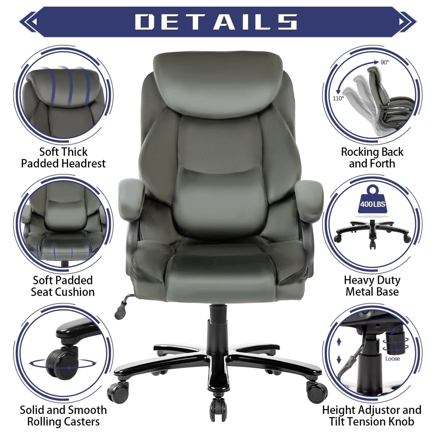 JONPONY Home Office Chair, Big and Tall Chair 8 Hours Heavy Duty Design, Ergonomic High Back Cushion Lumbar Back Support, Computer Desk Chair, Adjustable Executive Leather Chair with Arms,Grey