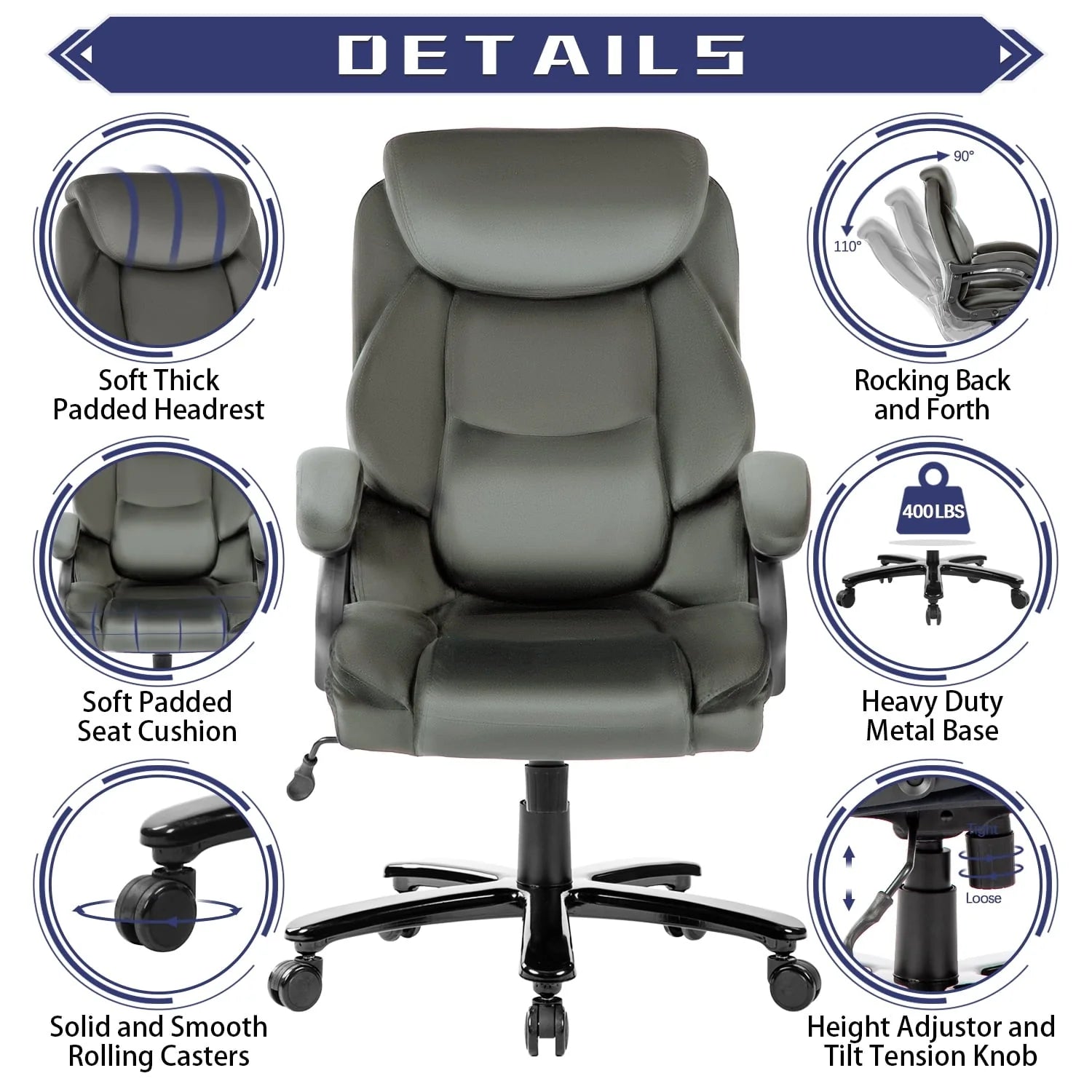 JONPONY Home Office Chair, Big and Tall Chair 8 Hours Heavy Duty Design, Ergonomic High Back Cushion Lumbar Back Support, Computer Desk Chair, Adjustable Executive Leather Chair with Arms,Grey
