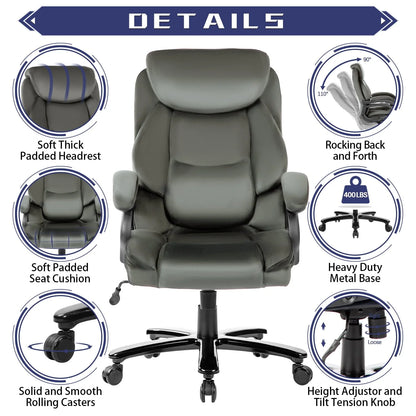 JONPONY Home Office Chair, Big and Tall Chair 8 Hours Heavy Duty Design, Ergonomic High Back Cushion Lumbar Back Support, Computer Desk Chair, Adjustable Executive Leather Chair with Arms,Grey