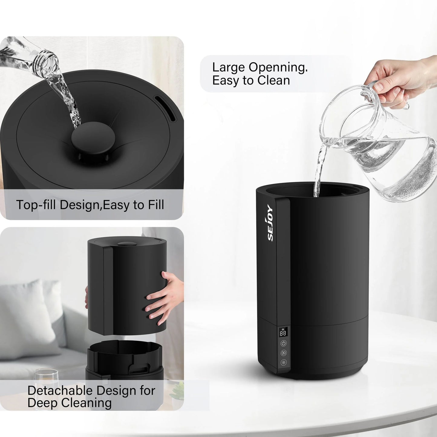 Sejoy Humidifiers for Bedroom, Quiet (3.5L Water Tank) Cool Mist Top Fill Essential Oil Diffuser for Baby Nursery and Plants, Rapid Ultrasonic Humidification for Home Large Room,Black