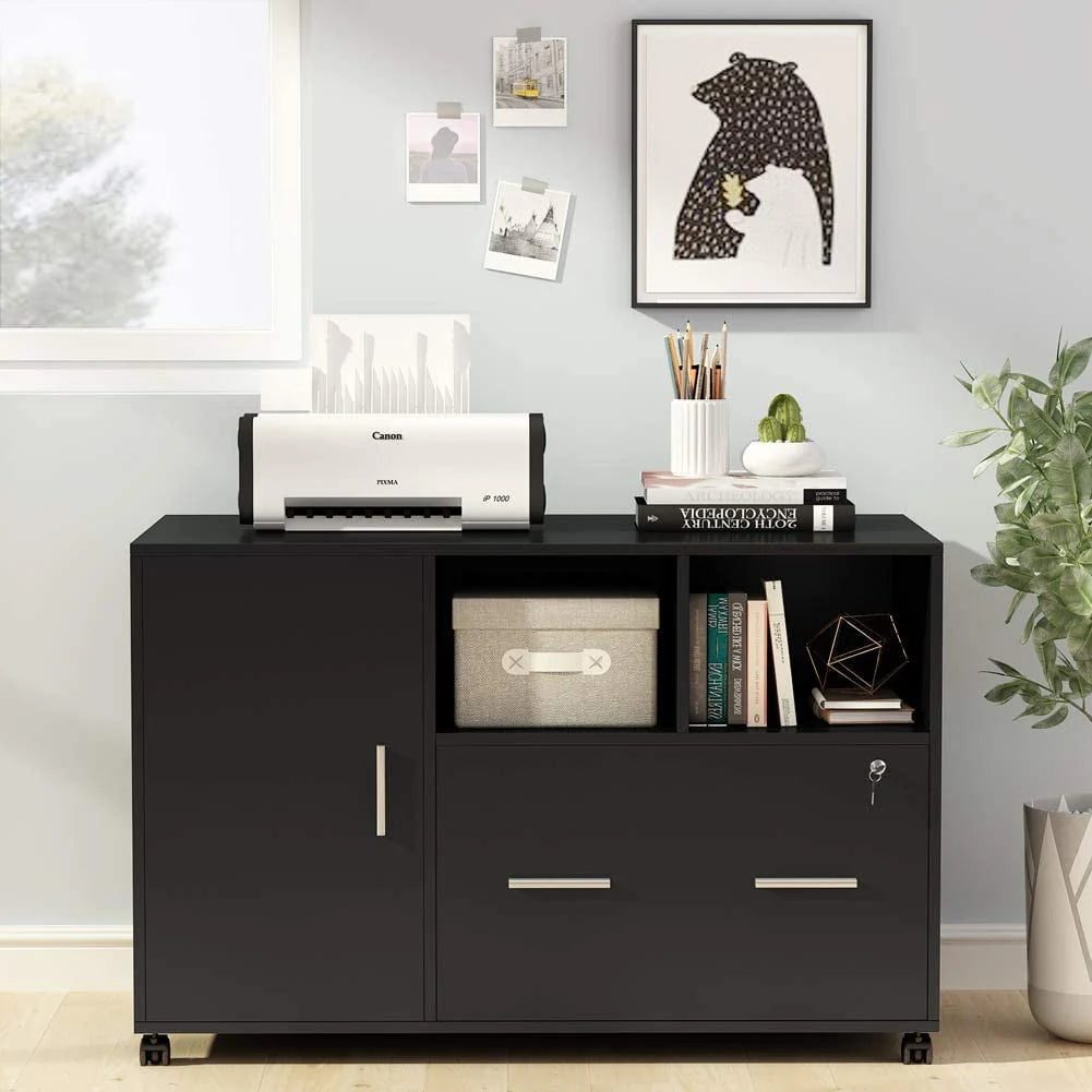 Tribesigns File Cabinet with Lock and Drawer, Mobile Lateral Filing Cabinet Printer Stand with Wheels and Storage Shelves for Home Office, Letter/Legal/A4 Size(Black)