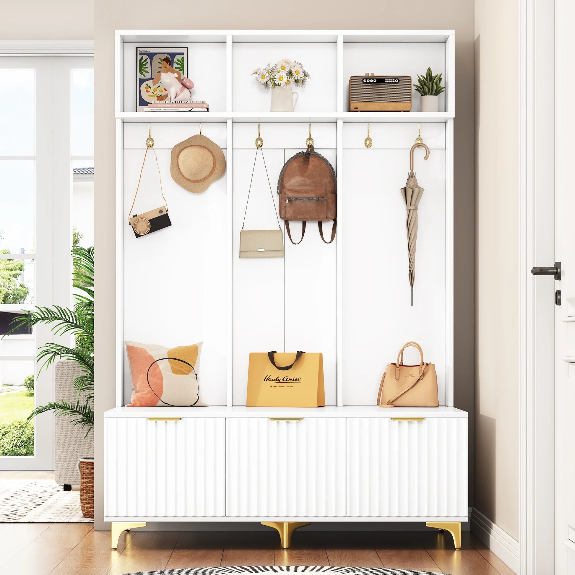 Euroco Modern Hall Tree with High Gloss Fluted Doors, Gold Accents, Shoe Storage & Bench - Entryway Organizer with Cubbies and Coat Hooks