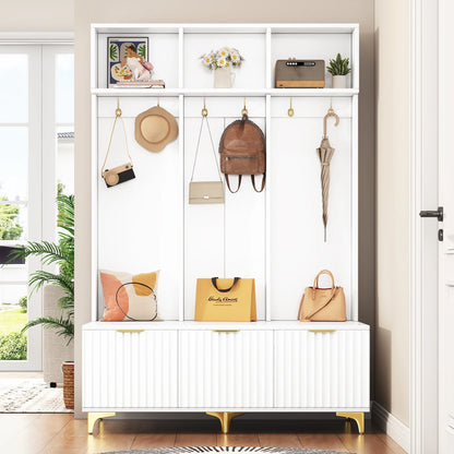 Euroco Modern Hall Tree with High Gloss Fluted Doors, Gold Accents, Shoe Storage & Bench - Entryway Organizer with Cubbies and Coat Hooks