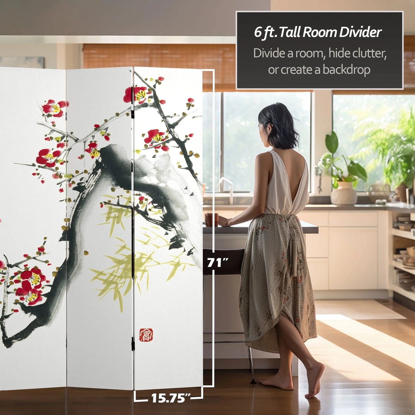 Handmade 6' Canvas Wood and Cherry Blossom Room Divider