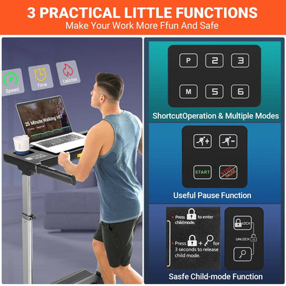 Adnoom 2.5HP Treadmill with Adjustable Desk, 300LBS Folding Incline Treadmill with Incline, Portable Running Walking Machine with Bluetooth Music & APP for Home Office, Easy Assembly