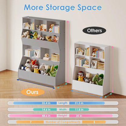 Arlopu Kid's Toy Storage Cabinet Wood Kids Bookshelf Toddler Toy Storage Organizer for Playroom, Bedroom, Living Room, Nursery