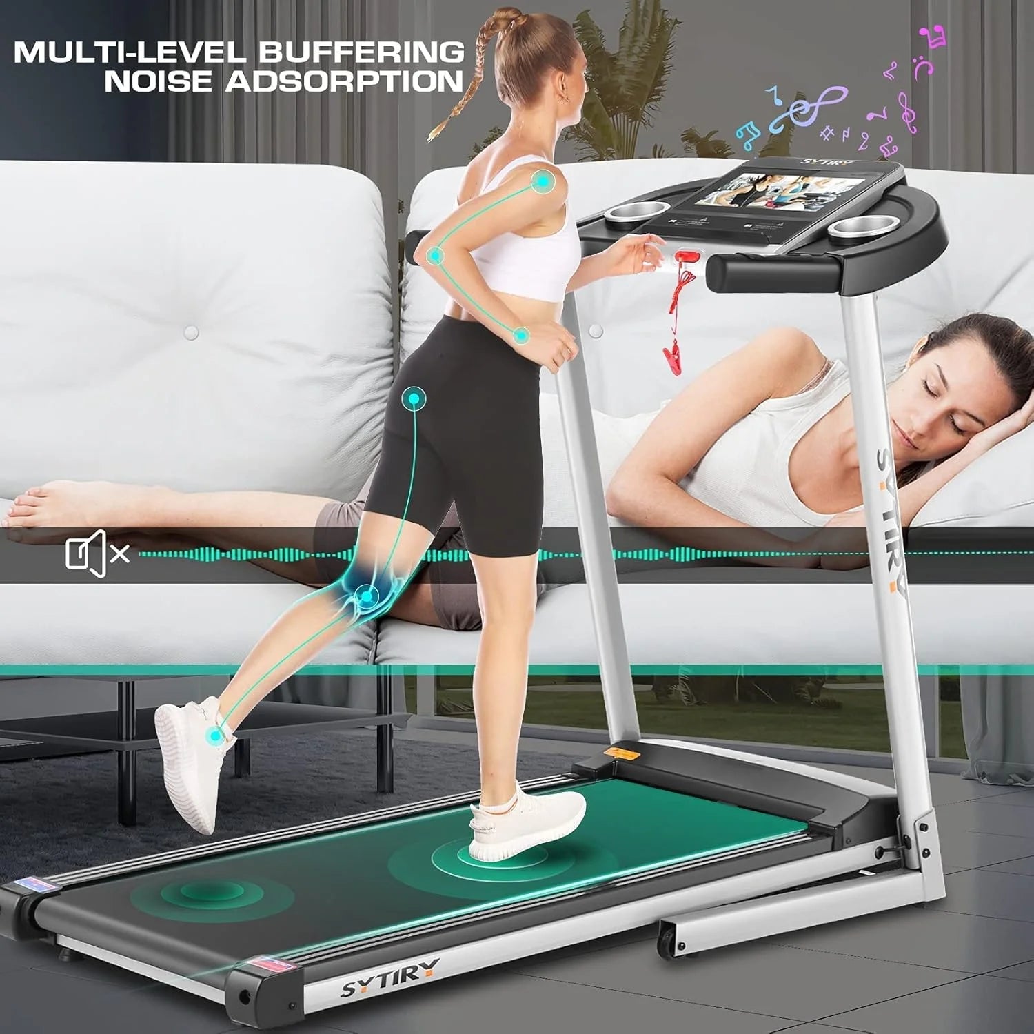 SYTIRY Folding Treadmill w/10" HD Touchscreen WiFi 3.25 HP Adjustable Incline Treadmills, Heart Rate Monito 9 MPH Speed Range Jogging Running Machine for Home Office 265lbs Weight Capacity