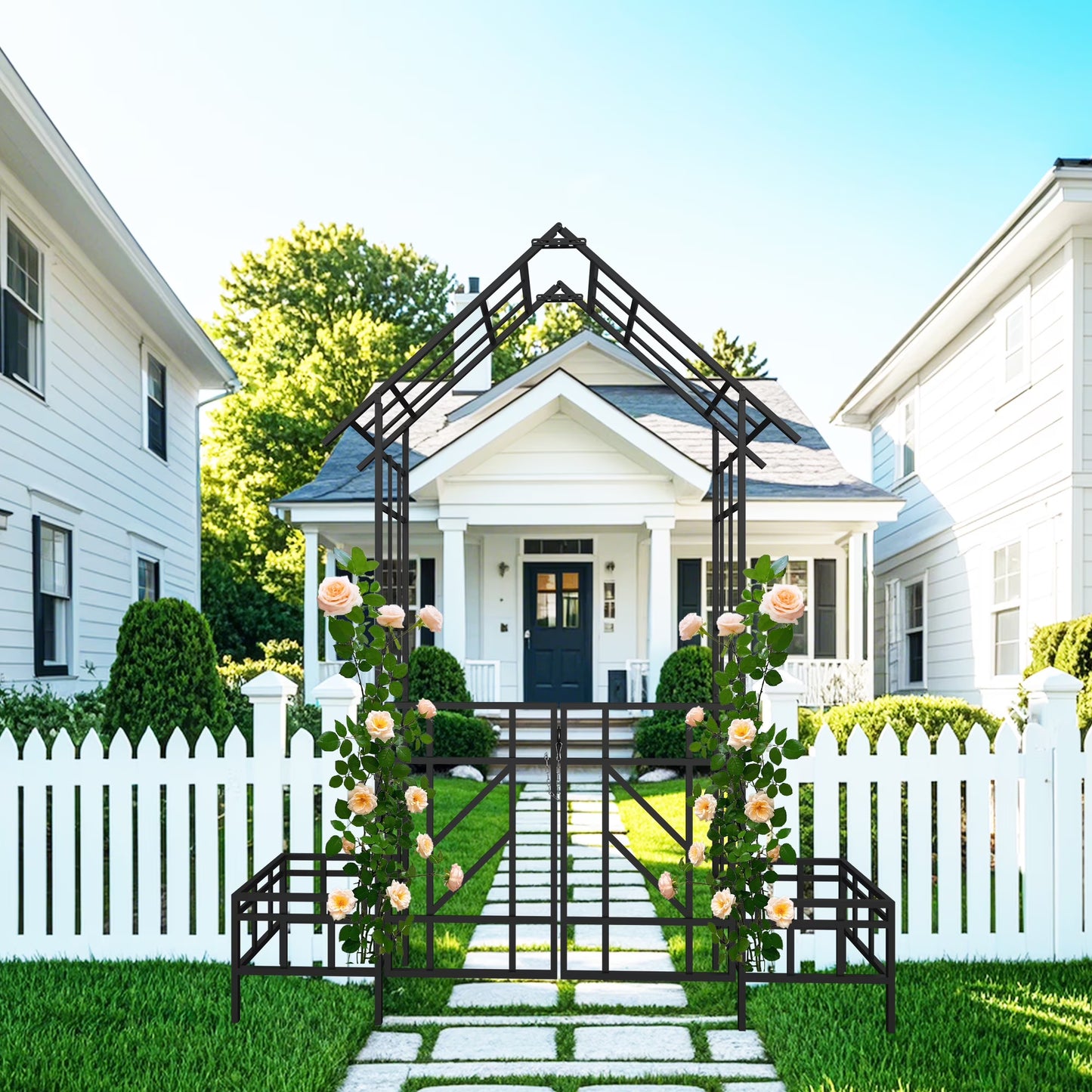 Metal Garden Arch with Gate with planter W80.71*H97.24 Climbing Plants Support Rose Arch Outdoor Black