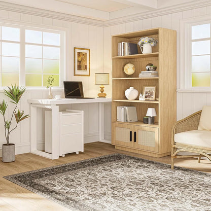 Huloretions 5 Tier Bookself, Boho Bookcase with Rattan Doors, Wooden Bookcase and Bookshelf with Storage, Tall Book Stand, Large Bookshelf for Living Room, Bedroom, Home Office, Kitchen