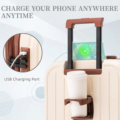 20/24/28 Inch ABS Hardshell Spinner Luggage with 3-Step Adjustable Handle, Carry-On Suitcase with USB Charging Port & Cup Holder, Waterproof Lightweight Suitcase for Travel