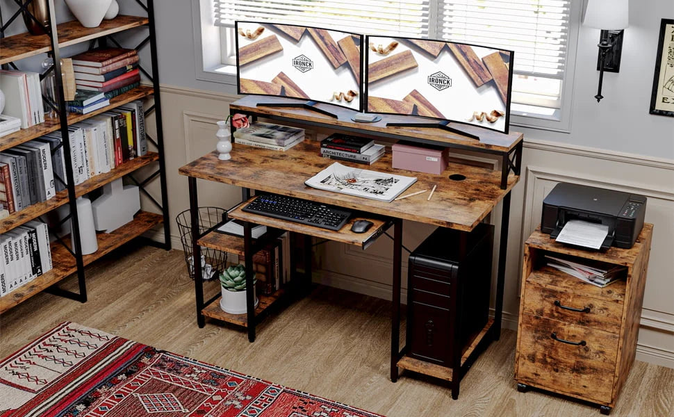 IRONCK Industrial Computer Desk 55", Home Office Desk with Printer Monitor Stand Large Workstation with Storage Shelves and CPU Stand, Studying Writing Table for Home Office, Vintage Brown