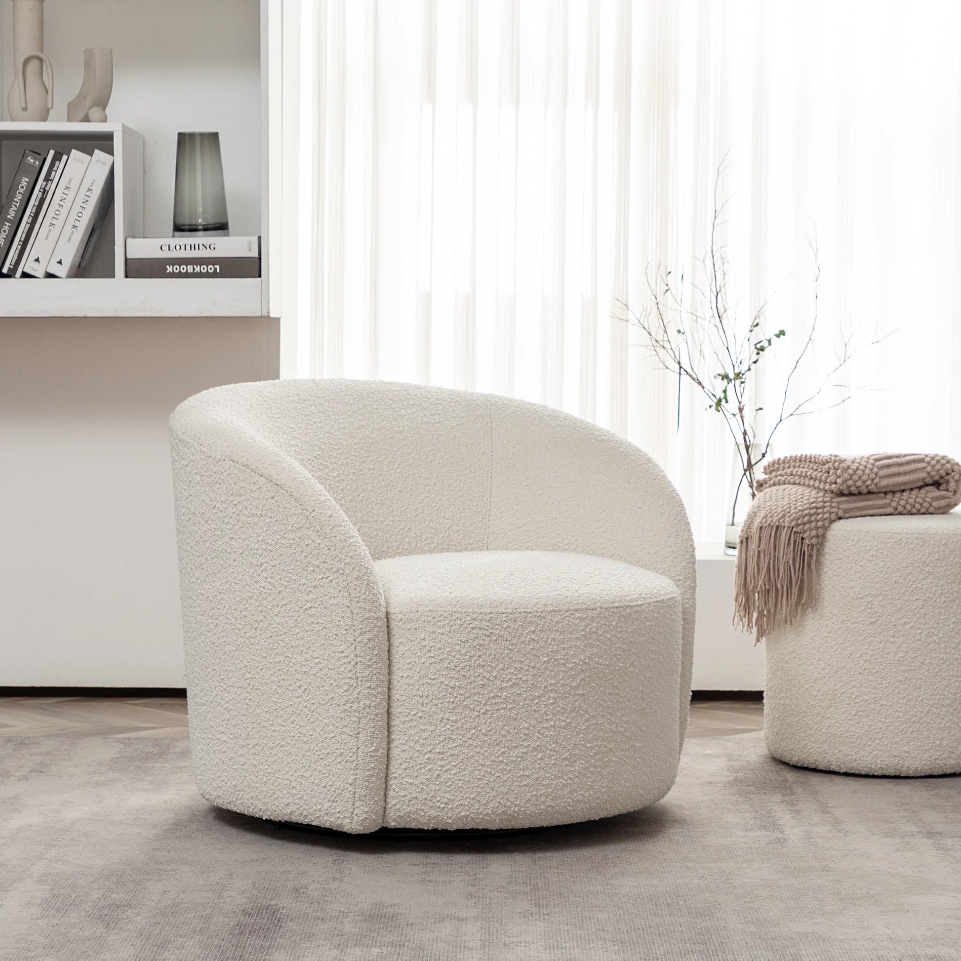 34" W Mid Century Modern Swivel Barrel Chair, Round Upholstered Boucle Swivel Accent Chairs, No Assembly Sofa Chair for Living Room Bedroom Reading Apartment Lounge Nursery(Cream)