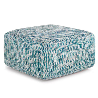 Simpli Home Nate 20 inch Wide Boho Square Pouf in Patterned Teal Mlange Cotton