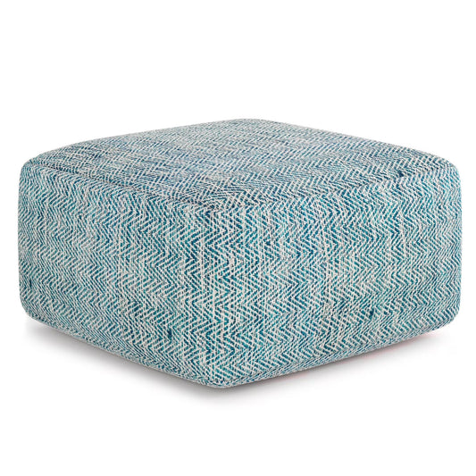 Simpli Home Nate 20 inch Wide Boho Square Pouf in Patterned Teal Mlange Cotton