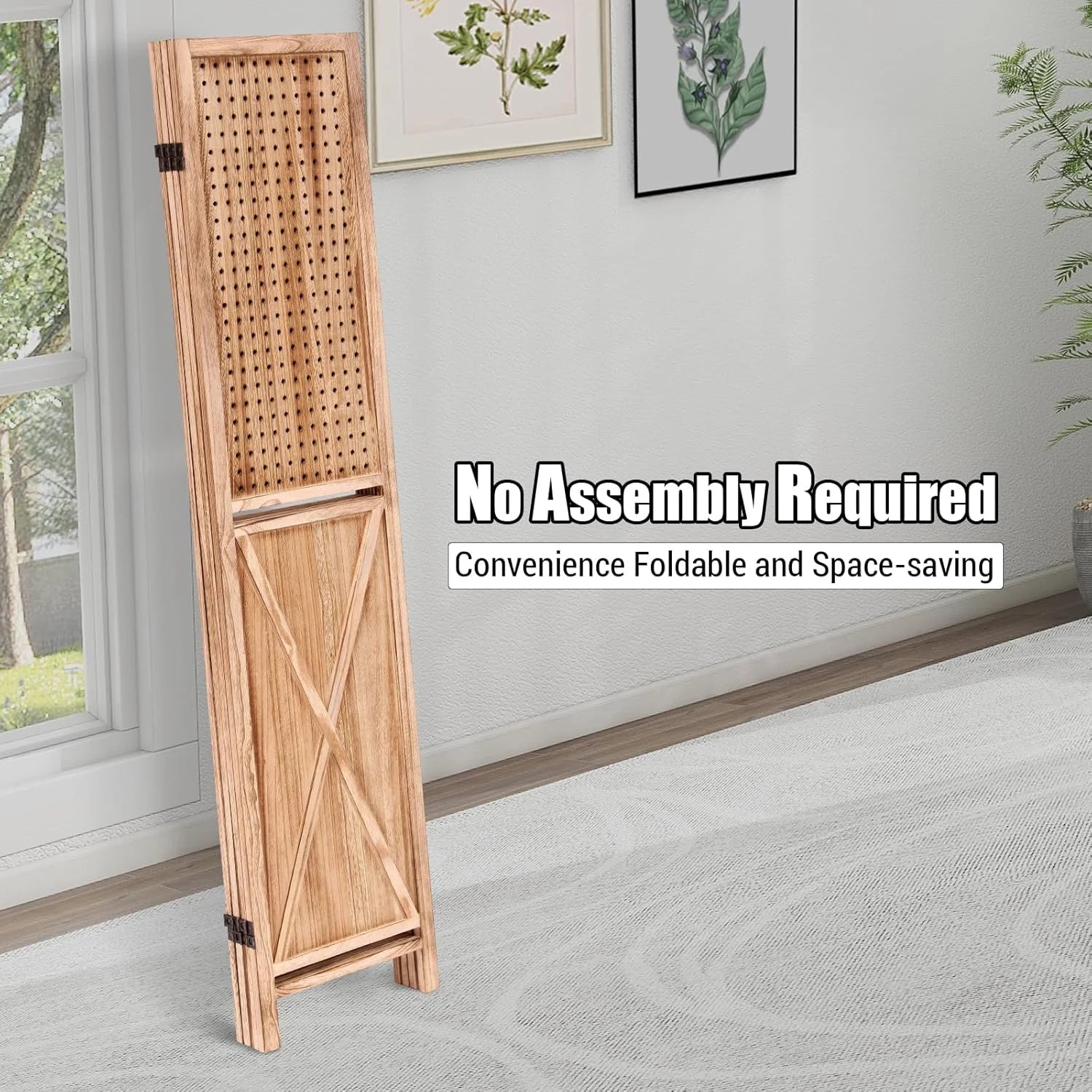 Wooden Room Divider Wall 4 Panel with Holes,5.6FT Tall Room Divider with Shelves,Folding Privacy Screens 67 in for Room Separation Home Office Bedroom