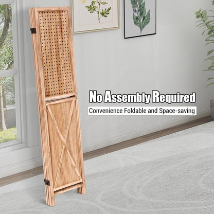 Wooden Room Divider Wall 4 Panel with Holes,5.6FT Tall Room Divider with Shelves,Folding Privacy Screens 67 in for Room Separation Home Office Bedroom