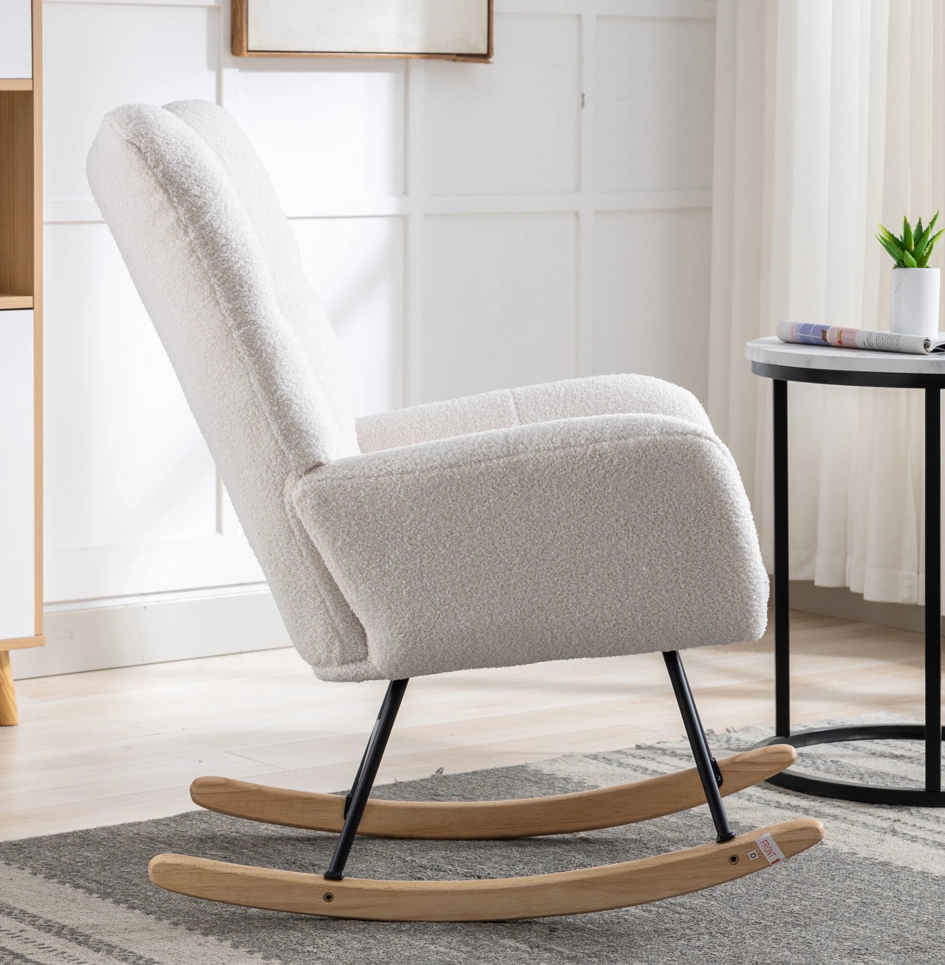 Rocking Chair Nursery,Teddy Upholstered Glider Rocker with High Backrest,Modern Rocking Accent Chairs Glider Recliner for Living Room, Nursery, Bedroom,White