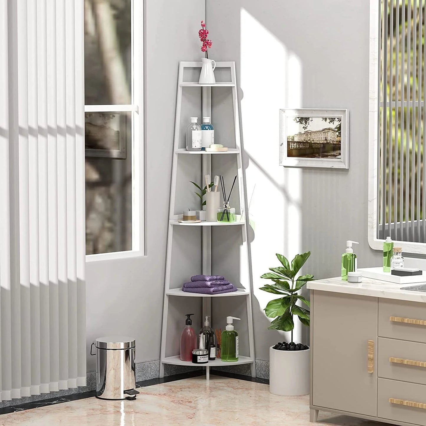 Hassch 5-Tier Industrial Corner Bookcase 70" Wood Ladder Shelf Rustic Bamboo Stand for Living Room, Kitchen, Home Office, White
