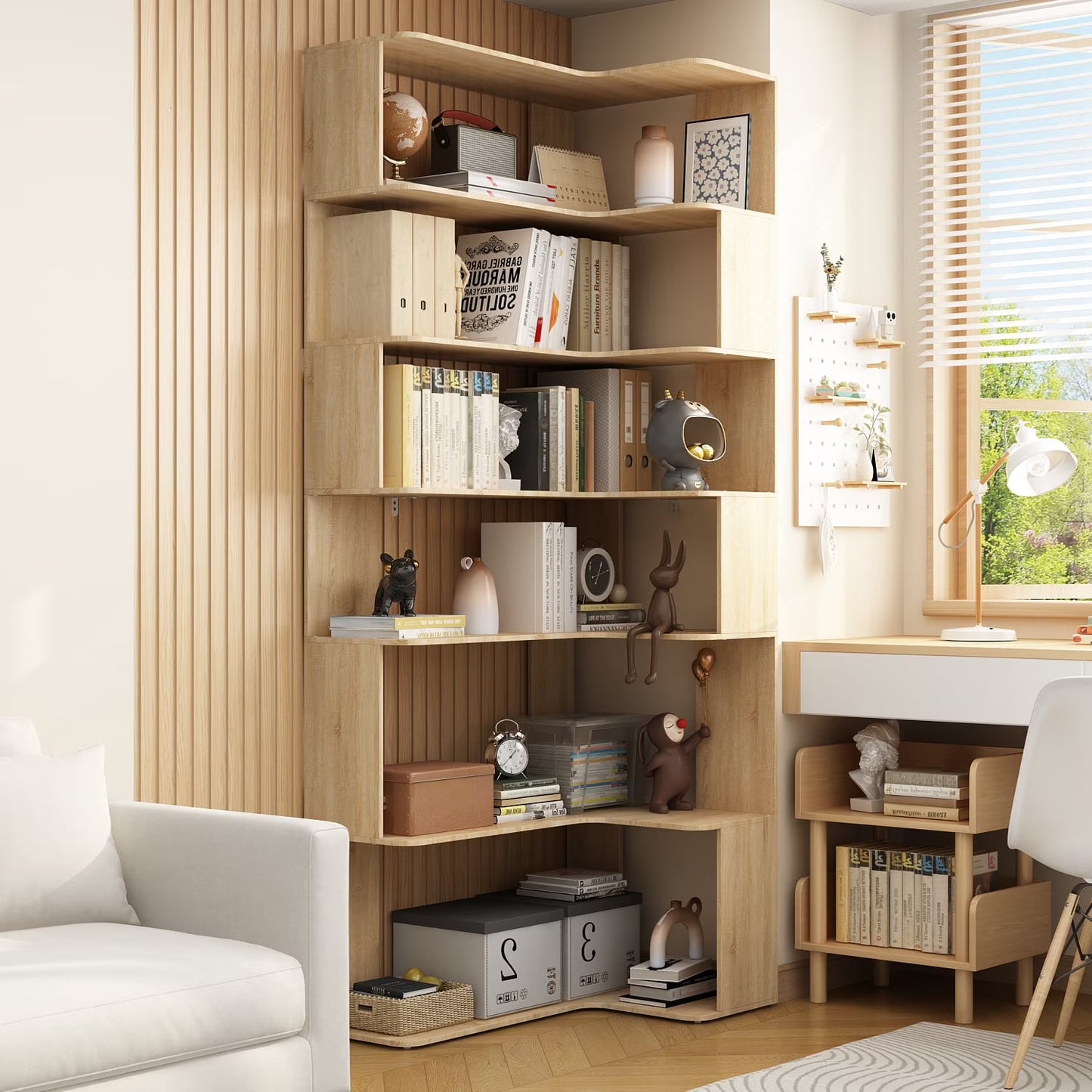 KULAGAGA 7-Tier Corner Bookcase Bookshelf, 81.9" Extra Tall Wall Corner Shelf with Storage, Modern Mid Century Floor Standing Plant Stand for Home Office, Living Room, Bedroom Natural Oak