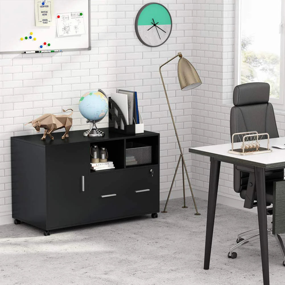 Tribesigns File Cabinet with Lock and Drawer, Mobile Lateral Filing Cabinet Printer Stand with Wheels and Storage Shelves for Home Office, Letter/Legal/A4 Size(Black)