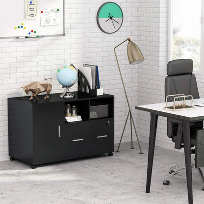 Tribesigns File Cabinet with Lock and Drawer, Mobile Lateral Filing Cabinet Printer Stand with Wheels and Storage Shelves for Home Office, Letter/Legal/A4 Size(Black)