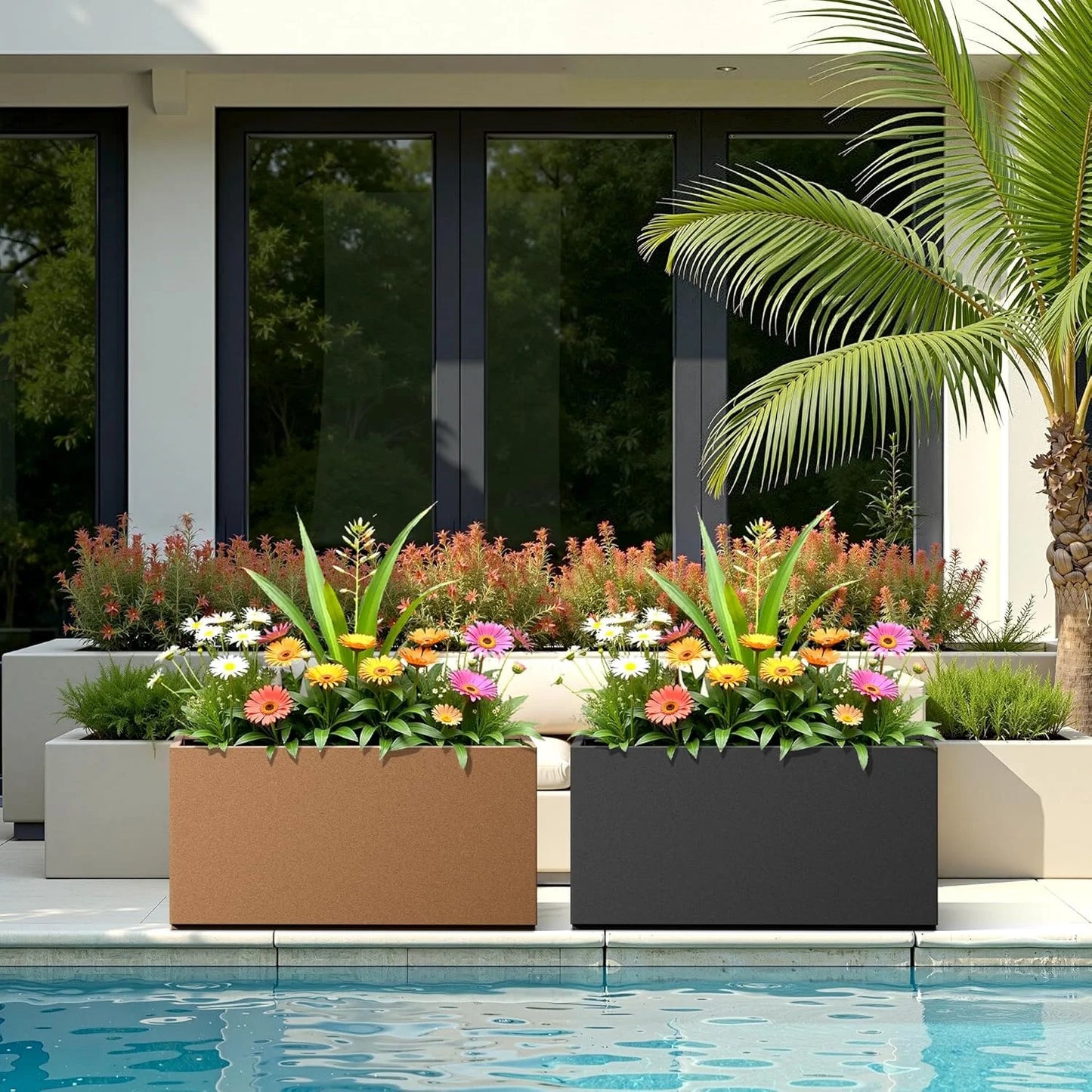 Large Rectangle Planter Metal Brown Planter Box with a Drainage Hole and a Removable Divider Indoor Outdoor Porch Pots for Tall , Trees, Flowers 37.99"x 15" x 16.26" Brown