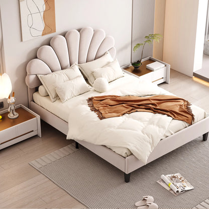 CITYLE Queen Size Upholstered Platform Bed with Flower Pattern Velvet Headboard, Queen Bed Frame for Kids and Adults, Bean Paste Red