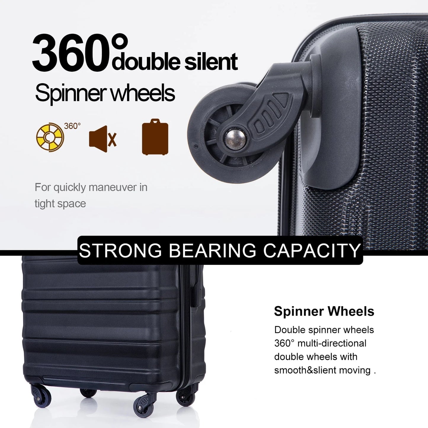 Tripcomp Hardshell Luggage Set 3-Piece Set (21/25/29) Lightweight Suitcase 4-Wheeled Travel Case (Black)
