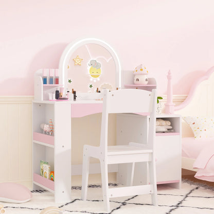 Kids 2-in-1 Princess Vanity Table Set with Jewelry Storage and Open Shelves, White