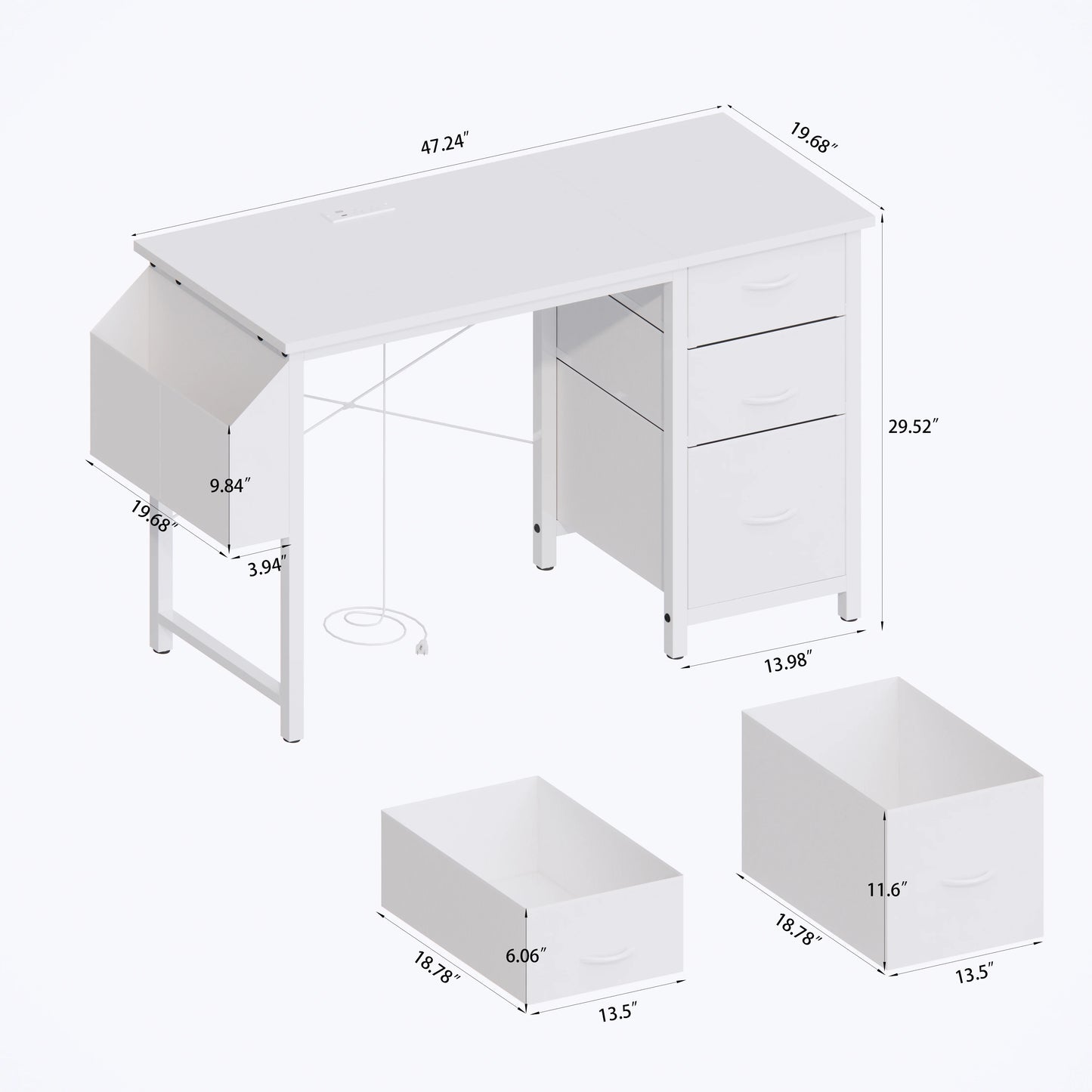 New 47.3" Computer Desk with Power Outlets, Small Home Office Desk with 3 drawers,Side Pocket, Gaming Desk, Modern Study Desk, Laptop Desk, White