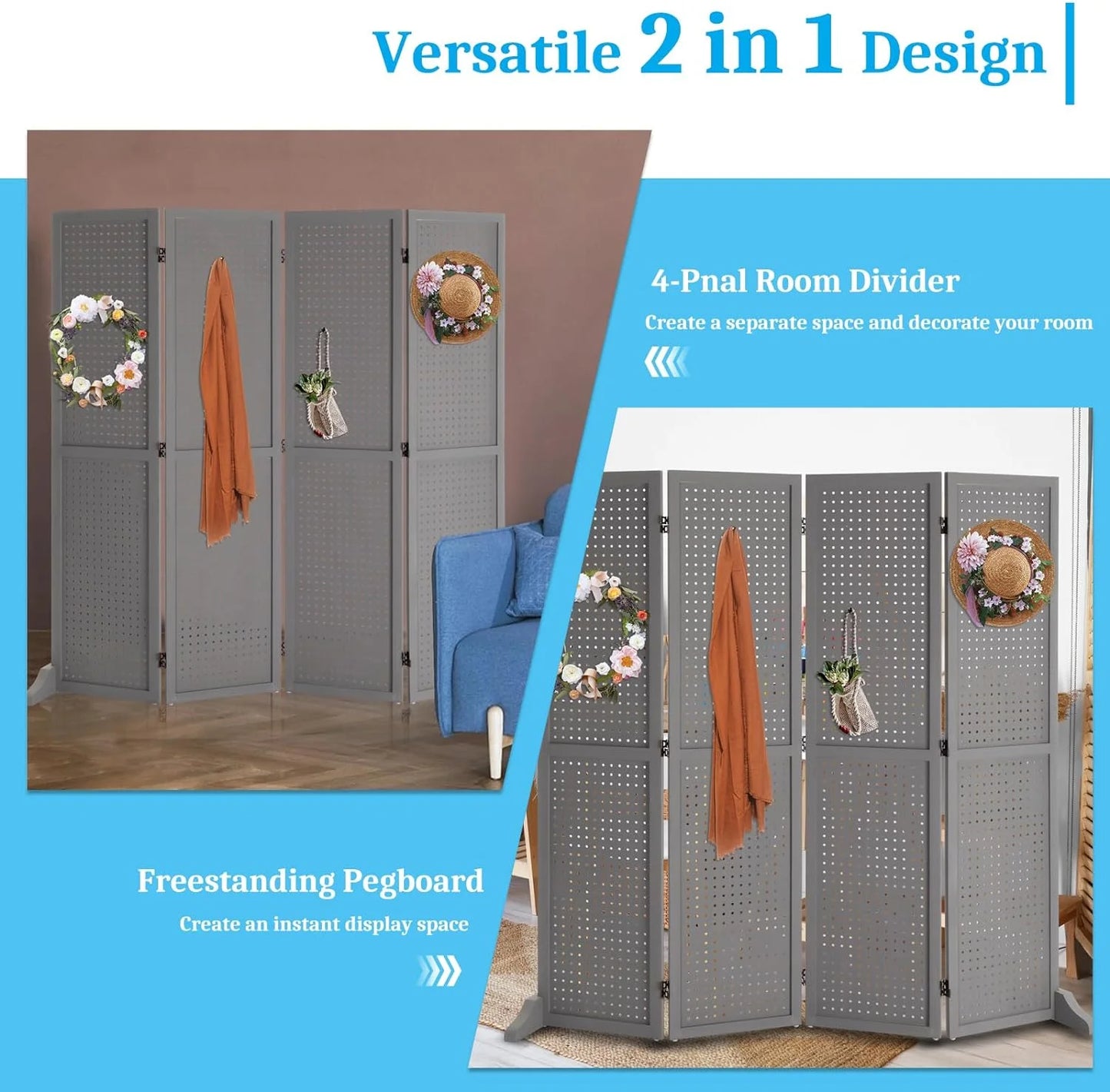 Bonnlo 4 Panel Pegboard Freestanding, 5 FT Portable Display for Craft Show Jewelry, Wooden Folding Room Divider