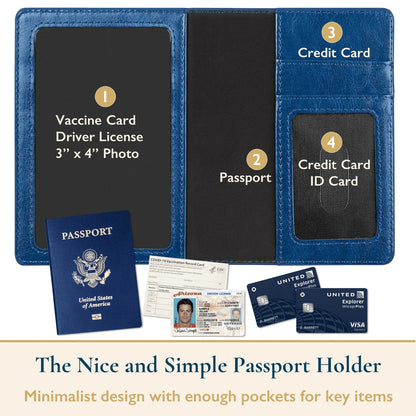 ComfiTime Passport Holder Slim Passport Wallet with Vaccine Card Holder and Credit Card Slots, 2 Bonus Travel Luggage Tags, Waterproof PU Leather Passport Cover/Case, Navy Blue