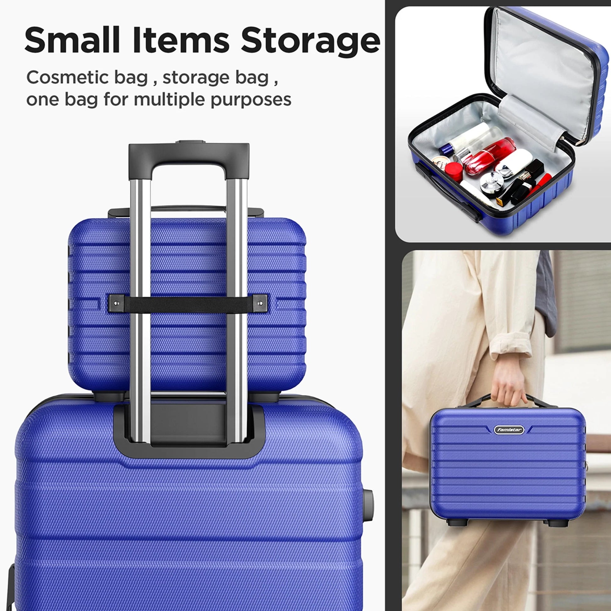 Famistar Hardside Luggage Suitcase 4 Piece Set with 360° Double Spinner Wheels Integrated TSA Lock, 14” Travel Case, 20" Carry-On Luggage, 24" Checked Luggage and 28" Checked Luggage, Blue