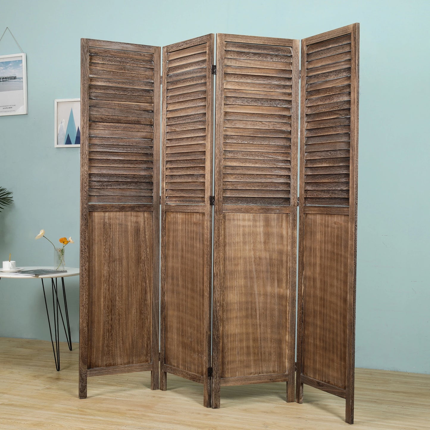 Light Brown 4-Panels Room Divider w/Window Shutter Style