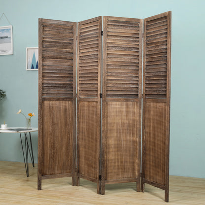Light Brown 4-Panels Room Divider w/Window Shutter Style