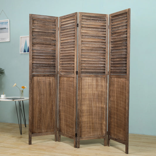 Light Brown 4-Panels Room Divider w/Window Shutter Style