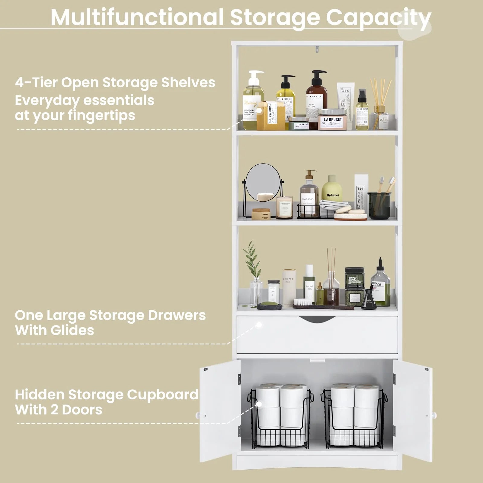Kitchen Sideboard Pantry Cabinet Tall Freestanding Storage Cabinets with Shelves and Drawer for Bathroom Home Office, White