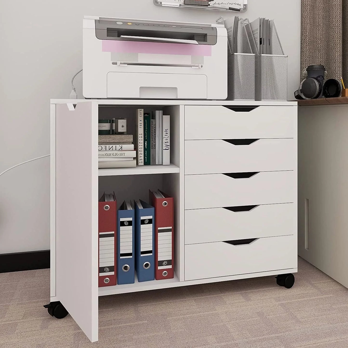 Natwind 5-Drawer Mobilable Wood Printer Stand with Charging Station,Cart File Storage Cabinets with Socket and Door Home Office Lateral Filing Cabinet(white)