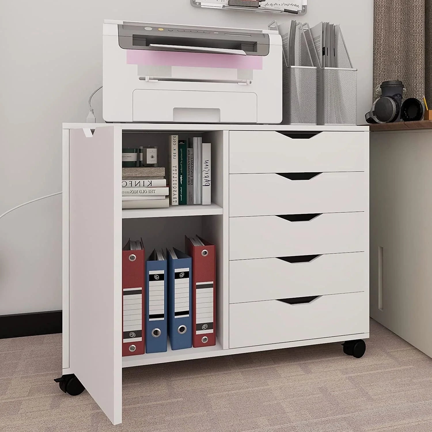 Natwind 5-Drawer Mobilable Wood Printer Stand with Charging Station,Cart File Storage Cabinets with Socket and Door Home Office Lateral Filing Cabinet(white)