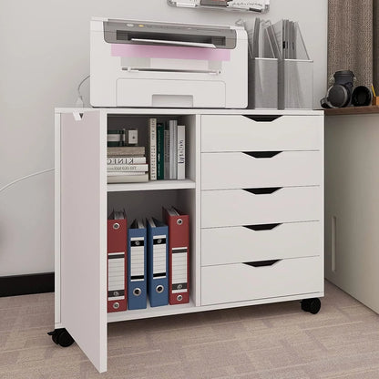 Natwind 5-Drawer Mobilable Wood Printer Stand with Charging Station,Cart File Storage Cabinets with Socket and Door Home Office Lateral Filing Cabinet(white)