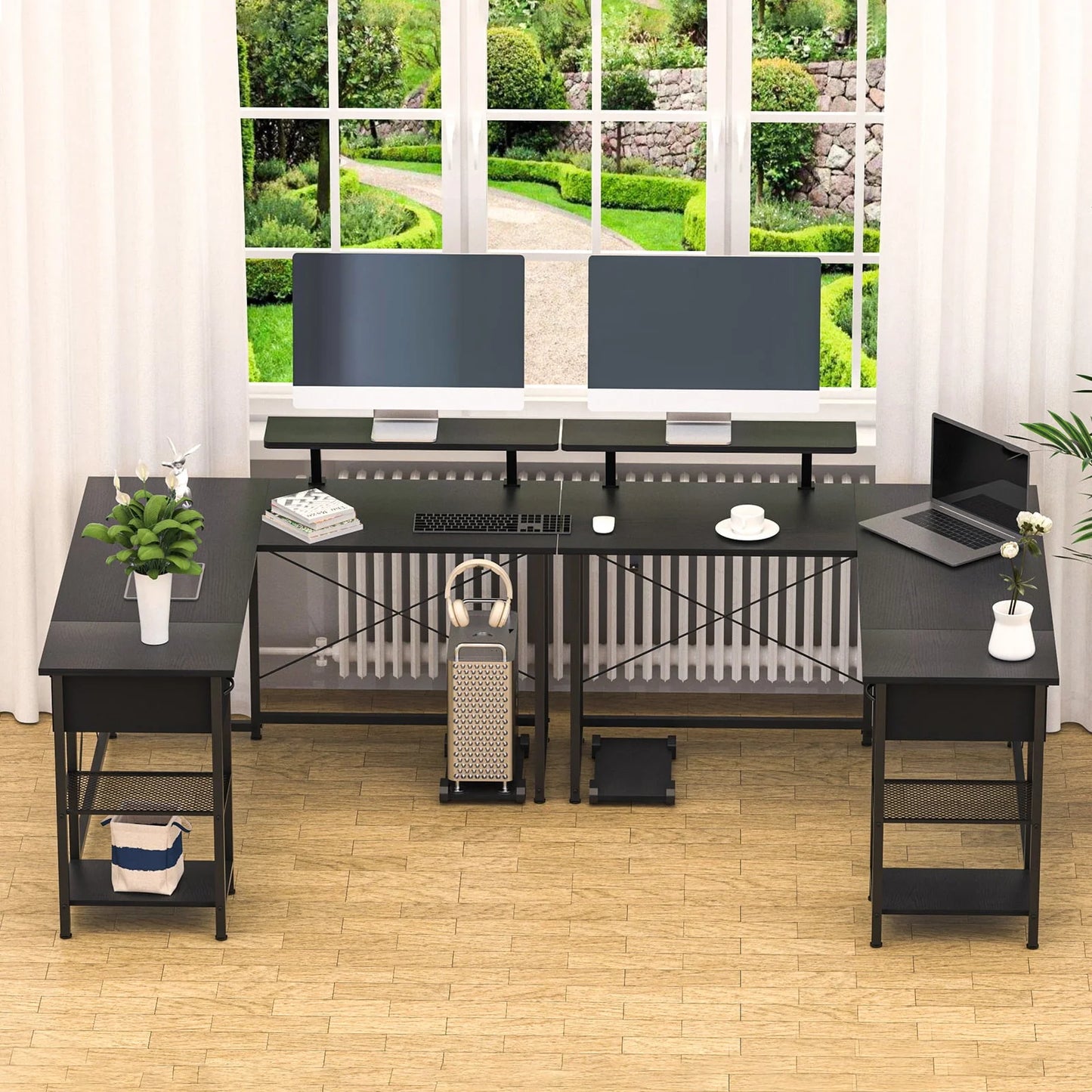 L Shaped Computer Desk with Storage Shelves, Hook and Monitor Stand, Modern Reversible Corner Gaming Table Sturdy Writing Workstation Space Saving for Home Office, Black