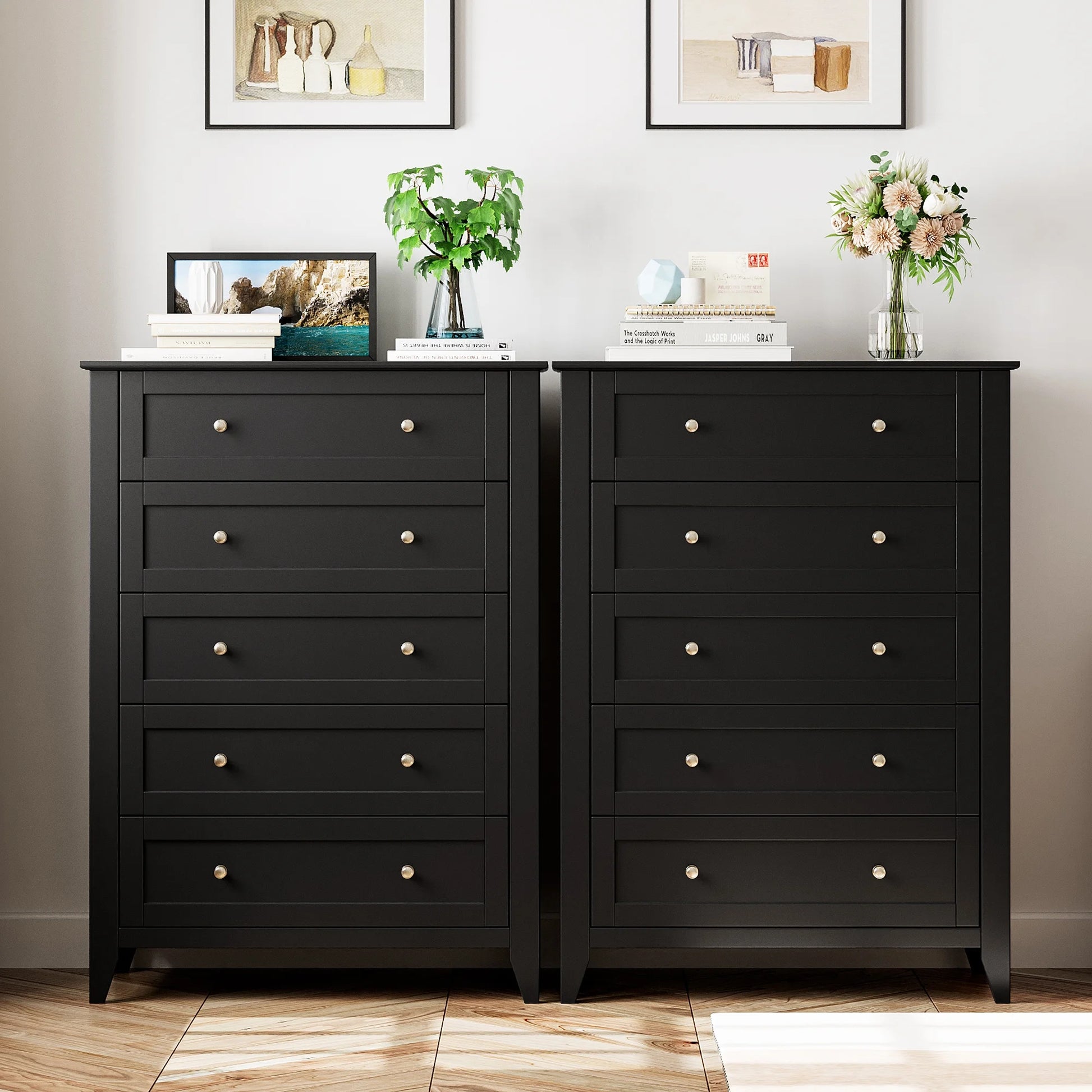 Homhougo Dresser for Bedroom Black with 5 Drawers, Tall Wood Organizer Storage Cabinet with Round Handle, Drawer Dresser for Closet, Living Room, Hallway, Nursery, Kids Bedroom