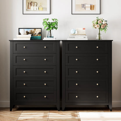 Homhougo Dresser for Bedroom Black with 5 Drawers, Tall Wood Organizer Storage Cabinet with Round Handle, Drawer Dresser for Closet, Living Room, Hallway, Nursery, Kids Bedroom