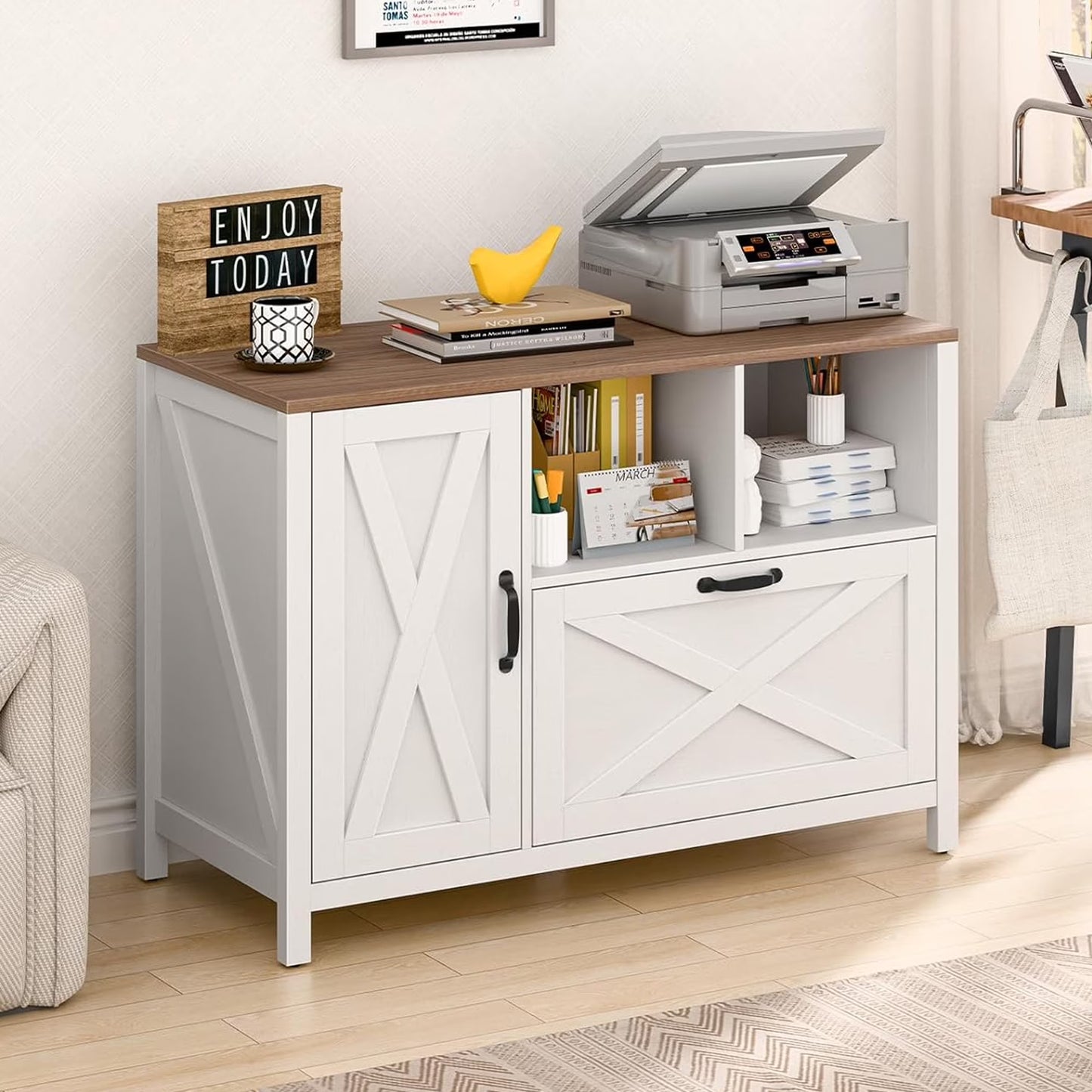Vabches 2 Drawer Lateral File Cabinet,Mobile Wood office Cabinet for Home Office,Printer Stand with Open Storage Shelves.