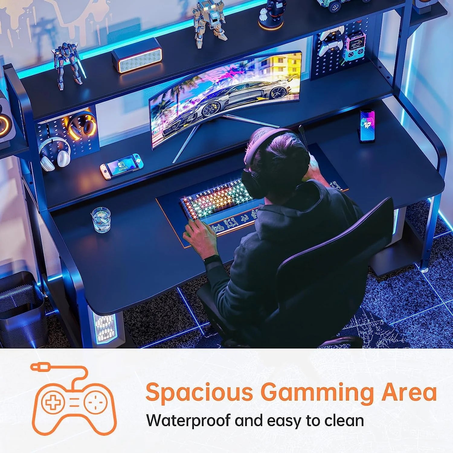 SEDETA Gaming Desk, 55" Computer Desk with Hutch and Shelves, LED Lights, Pegboard and Monitor Shelf, Large PC Gamer Desk Workstation for Home Office, Gaming Table for Bedroom, Black